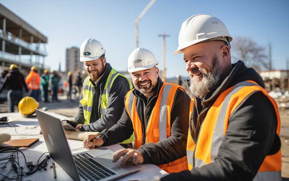 happy men on a worksite and laptop